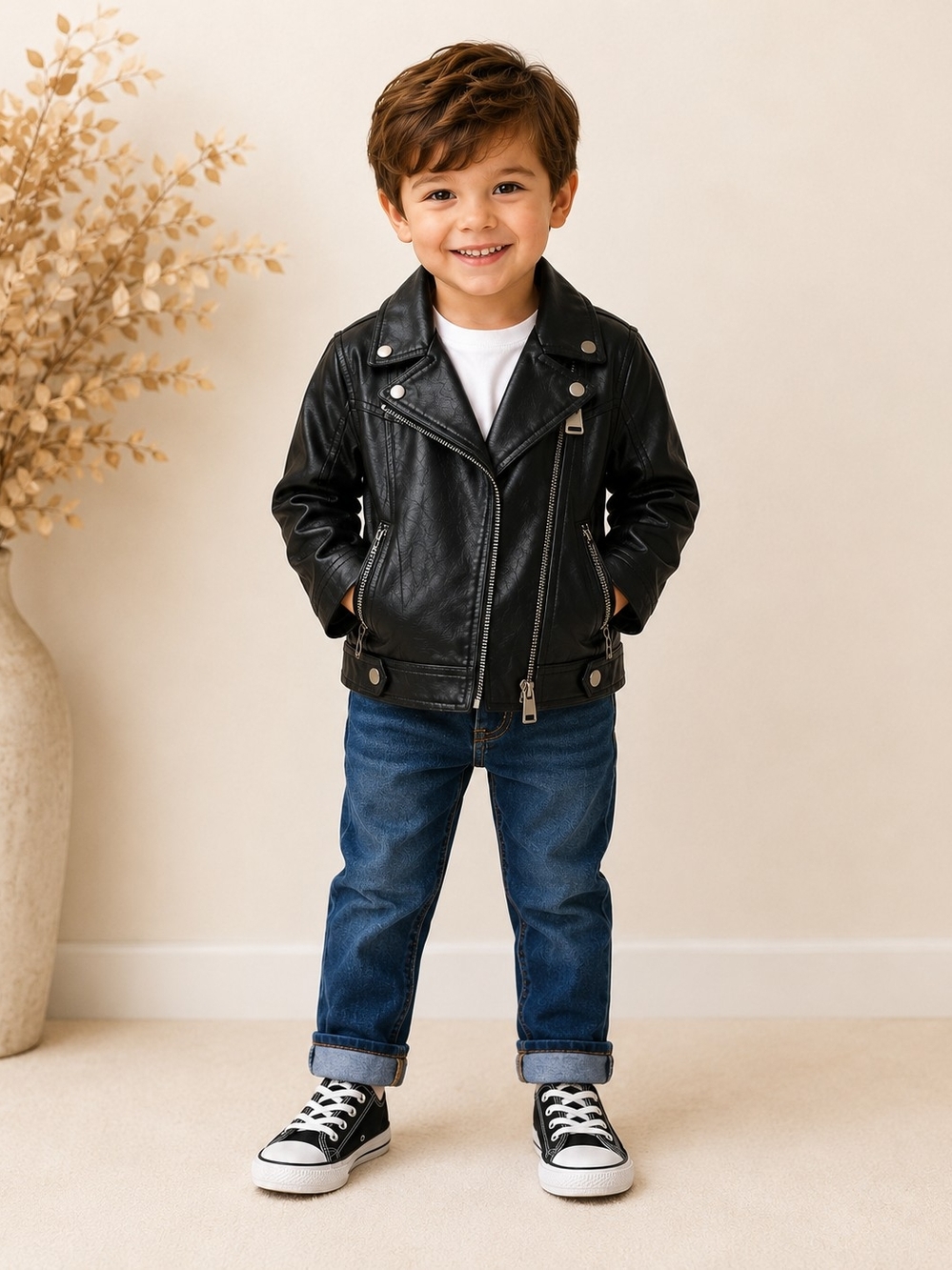 BOUTIQUE BOYS BLACK FAUX LEATHER BIKER MOTORCYCLE JACKET SZ 4T